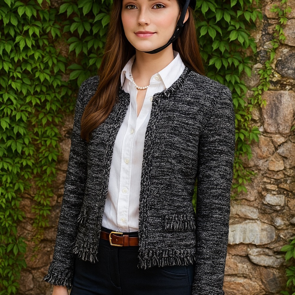 TAHARI Luxury Career Classic Black and Gray Tweed Fringed Sweater/Jacket, M